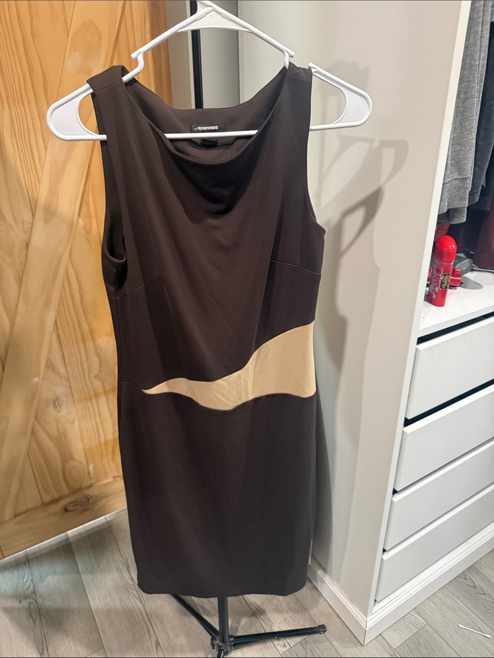Express Brown Midi Sheath Dress with Cream Waist Accent